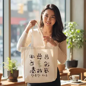 Cute Panda Tote Bag for Women - Eco Friendly Flannel Shoulder Bag with Zipper and Inner Pocket - 15x13 Reusable Grocery Shopping Bag for School Travel