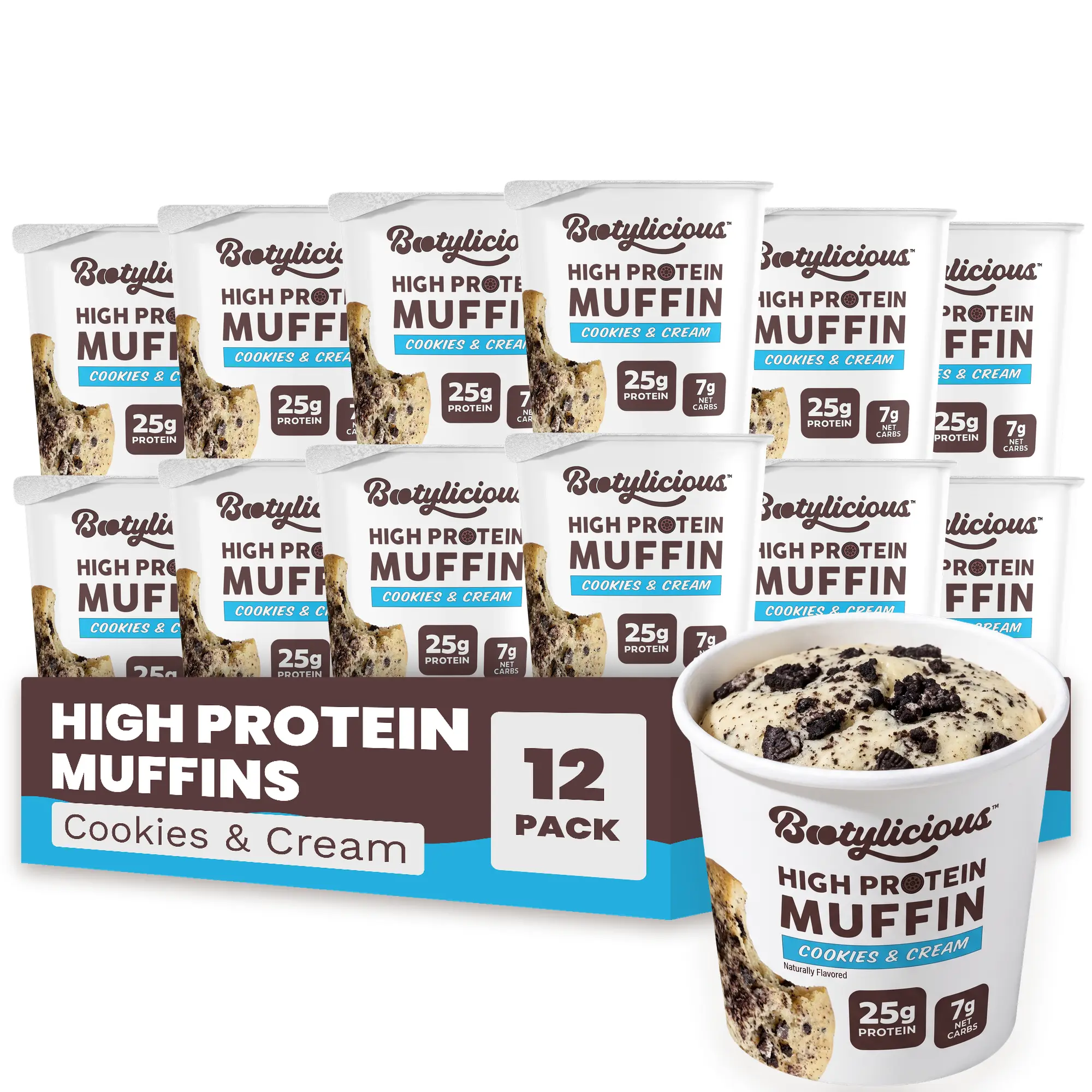 Bootylicious High Protein Muffins, Limited Edition Cookies & Cream, 12-Pack | 25g Protein, High Fiber, 7g Net Carbs*, 200 Calories or Less
