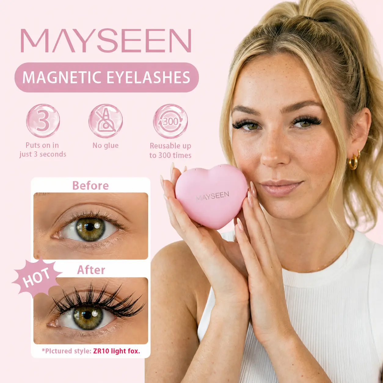 MAYSEEN Soft Magnetic Eyelash Set—an all-in-one, reusable, glue-free, waterproof, and lightweight solution. Purchase one item and receive a 5-piece set, including an eyelash applicator, setting spray, eyebrow pencil, and other beauty essentials.