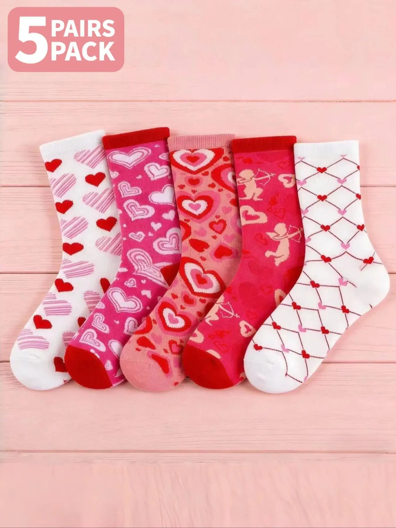 5 Pairs of Heart-Patterned Socks Pink & Red Color-Blocked Heart Designs Cupid Motifs Knit Soft and Skin-Friendly Romantic Vibes Date Night Outfits Valentine's Day Attire