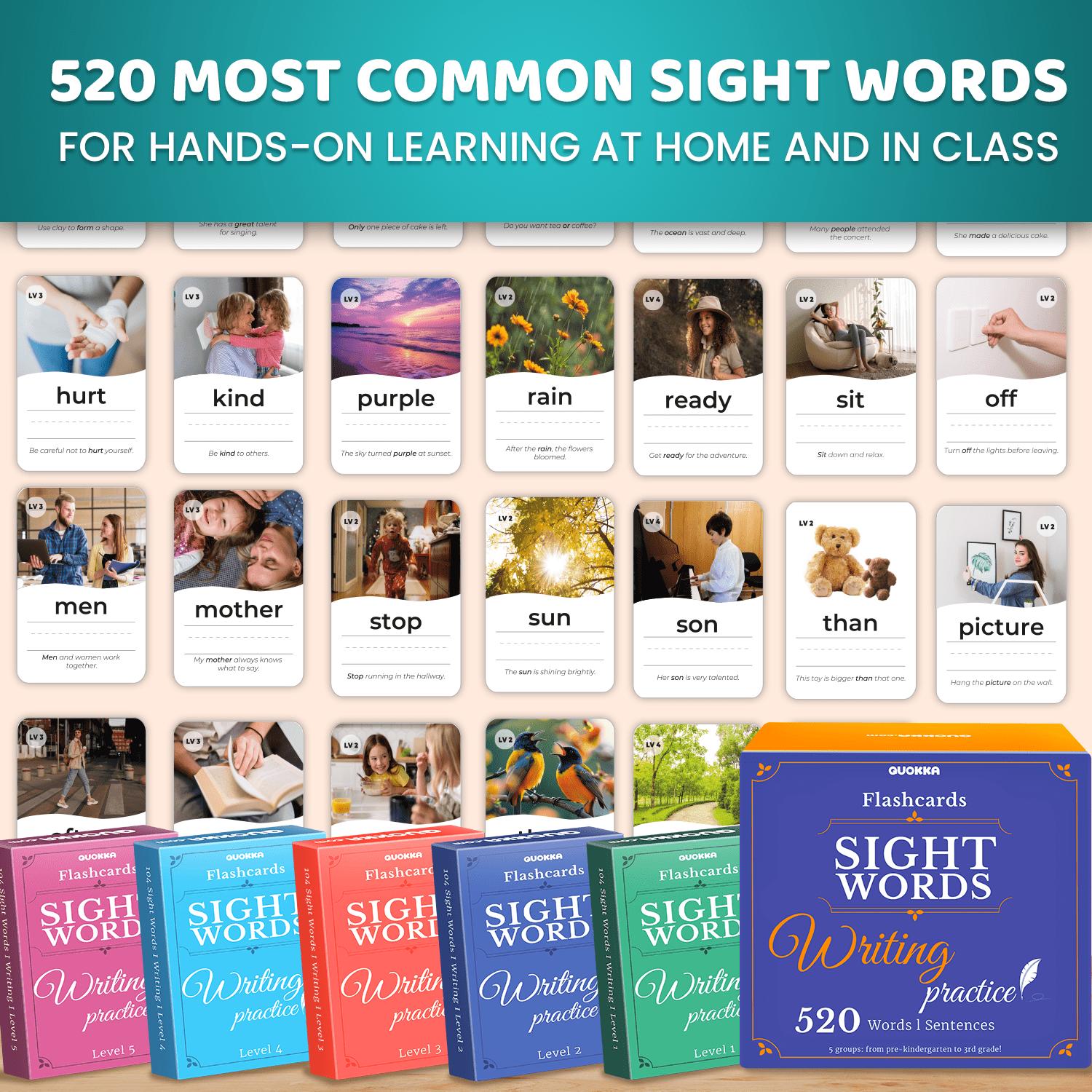 QUOKKA 520 Sight Words Realistic Images Flash Cards for Kids | 5 Levels Set