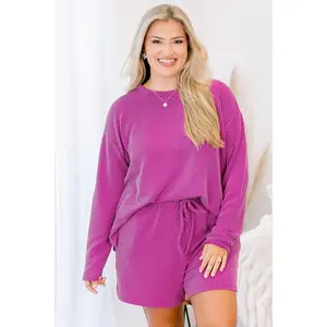 Women's 2-Piece Matching Spandex Fabric Clothes - Plum Ribbed Longsleeves Tee, Elastic Waist Drawstring Shorts, Soft, Adjustable Fit for Day Wear, Trendy Style