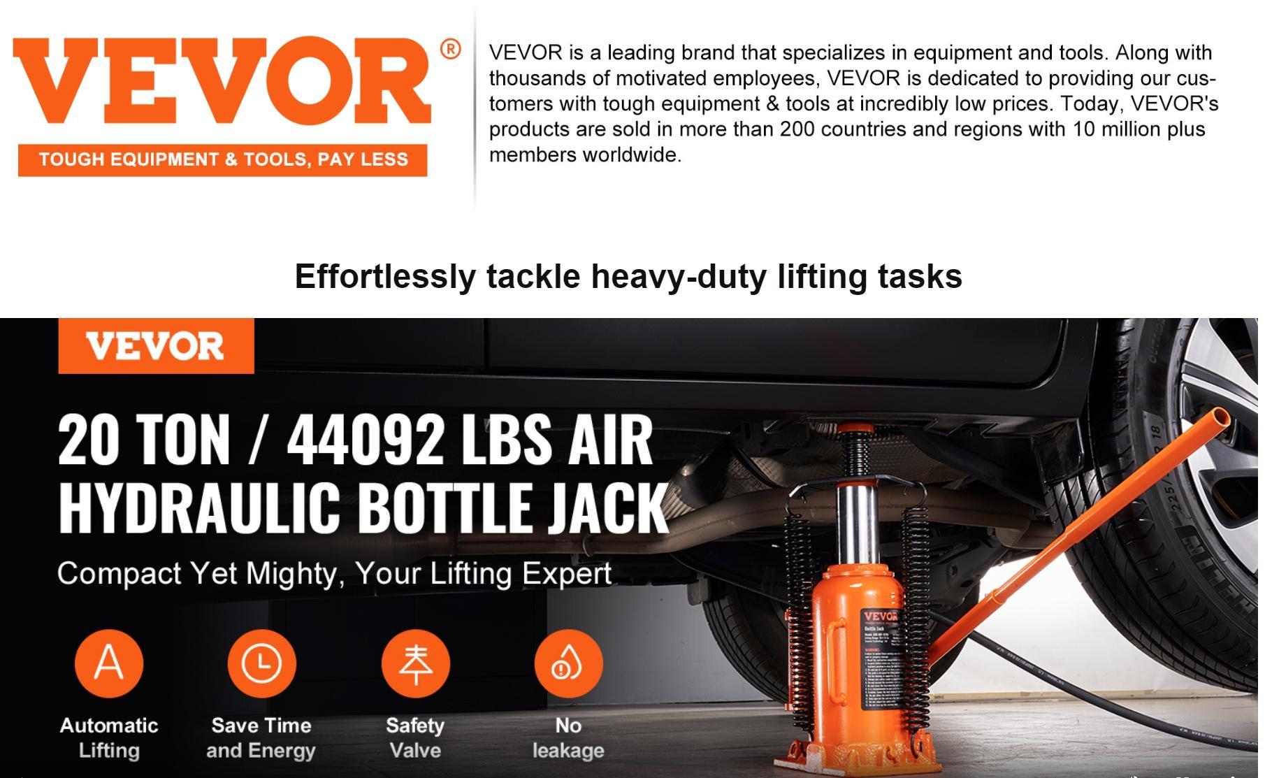 VEVOR Air Hydraulic Bottle Jack, TikTokShopBlackFriday, 20 Ton/40000 LBS All Welded Bottle Jack, 10.4-19.7 inch Lifting Range, Manual Handle and Air Pump, for Car, Pickup, Truck, RV, Auto Repair, Industrial Engineering