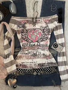 Women's Y2K Sweet 2000S Pink Angel Heart Print, Black And Gray Striped One-Shoulder Long-Sleeved T-Shirt, Suitable For Back-To-School Season, A Gift For Sisters