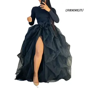 IABMMEXUWomen'sTulleMaxiSkirtFloorLengthLayeredHighWaistSplitSkirtA-LinePuffyMeshTutuSkirtforWeddingPartyCasualDressWhiteBlack