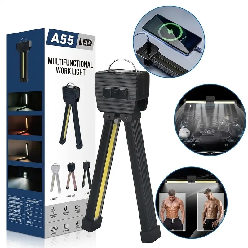 Portable Magnetic LED Gym Light - Compact Fold, Rechargeable Hanging Work Light with 180° Folding, 7-Gear Multi-Mode Brightness, USB Charging, Hanging Hook, Long Battery for Sessions, Waterproof, Bodybuilding, Content Creation Lighting