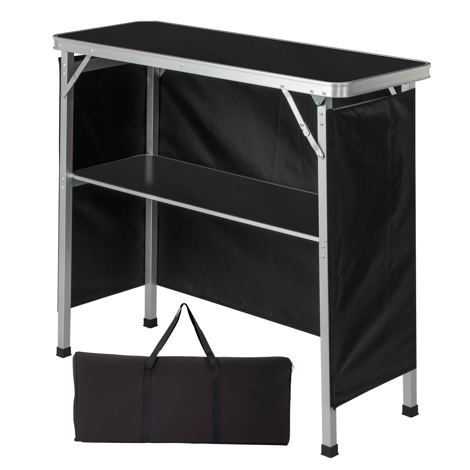 Portable Fold Up Bar Table with Shelf - Tradeshow Podium Table with Black Skirt, Carrying Bag, for Indoor Outdoor Party, Exhibition (Black), Fold Up Table Foldable Tabletop Mesa Plegable