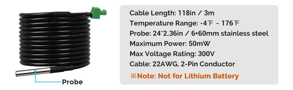 Renogy Temperature Sensor Battery Solar 118 0.03, Compatible Adventurer/Rover Charge Controllers