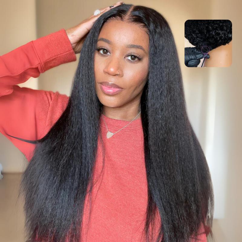 UNice V Part Kinky Straight Wig with Upgrade Drawstring Glueless Human Hair Wigs Easy Install Beginners Frinendly Outdoorfun