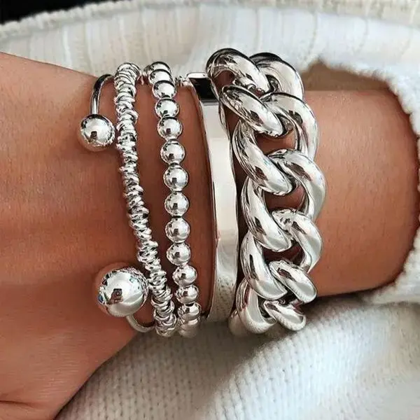 Women's 5-Piece Vintage Fashion Open Cuff Bracelets Set - Adjustable Zinc Alloy Chain Link Stackable Bracelets for Women, Daily Wear, Holiday Gifts for Girlfriend