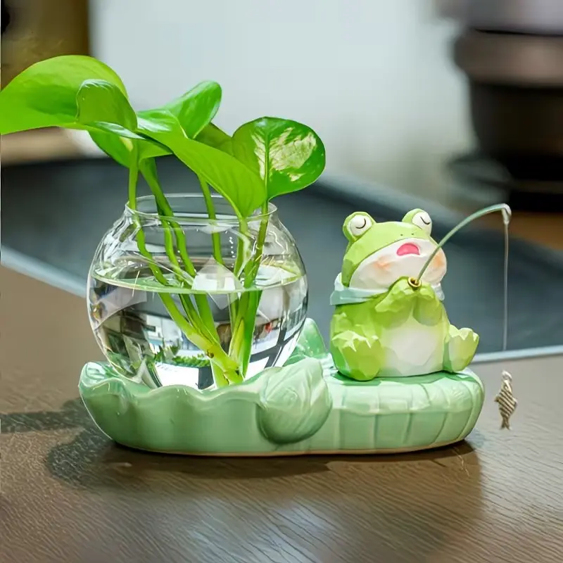Cute Fish Pond Hydroponic Flower Pot, Ceramic Cat/Frog Shaped Decorative Item without Plants, Office Green Culture Vase, Lazy Hydroponic Planters Set, Desktop Healing Gift, Indoor Plant Pots