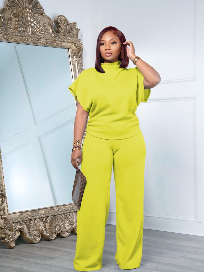 USBoutique Chic Women Summer Lightweight And Silky Soft Set Two Piece Casual Set Short Sleeved Semi High Neck Loose Top Wide Leg Pants Set