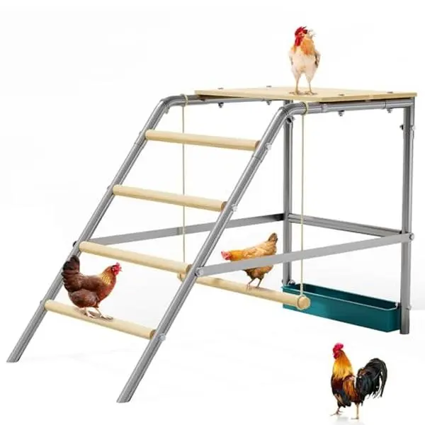 37"x20"x28" Rustproof Tiered Wood & Metallic Chicken Perch - Backyard Farm Coop Furniture with Gentle Wood Roost, Swing, Ladder, Trough, Enrichment Toys, Easy Assembly, Balances, Encourages Flight, Boosts Coordination, Leg Strength for Hens, Parrots