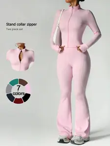 Two-piece loungewear set featuring a long-sleeve zip-up jacket and wide-leg pants, suitable for going out, vacations, and airport travel; yoga/sports set with a stand collar, slim fit, high waist, slightly flared design, casual wear