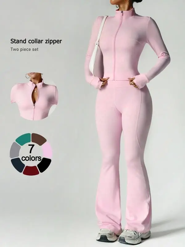 Two-piece loungewear set featuring a long-sleeve zip-up jacket and wide-leg pants, suitable for going out, vacations, and airport travel; yoga/sports set with a stand collar, slim fit, high waist, slightly flared design, casual wear