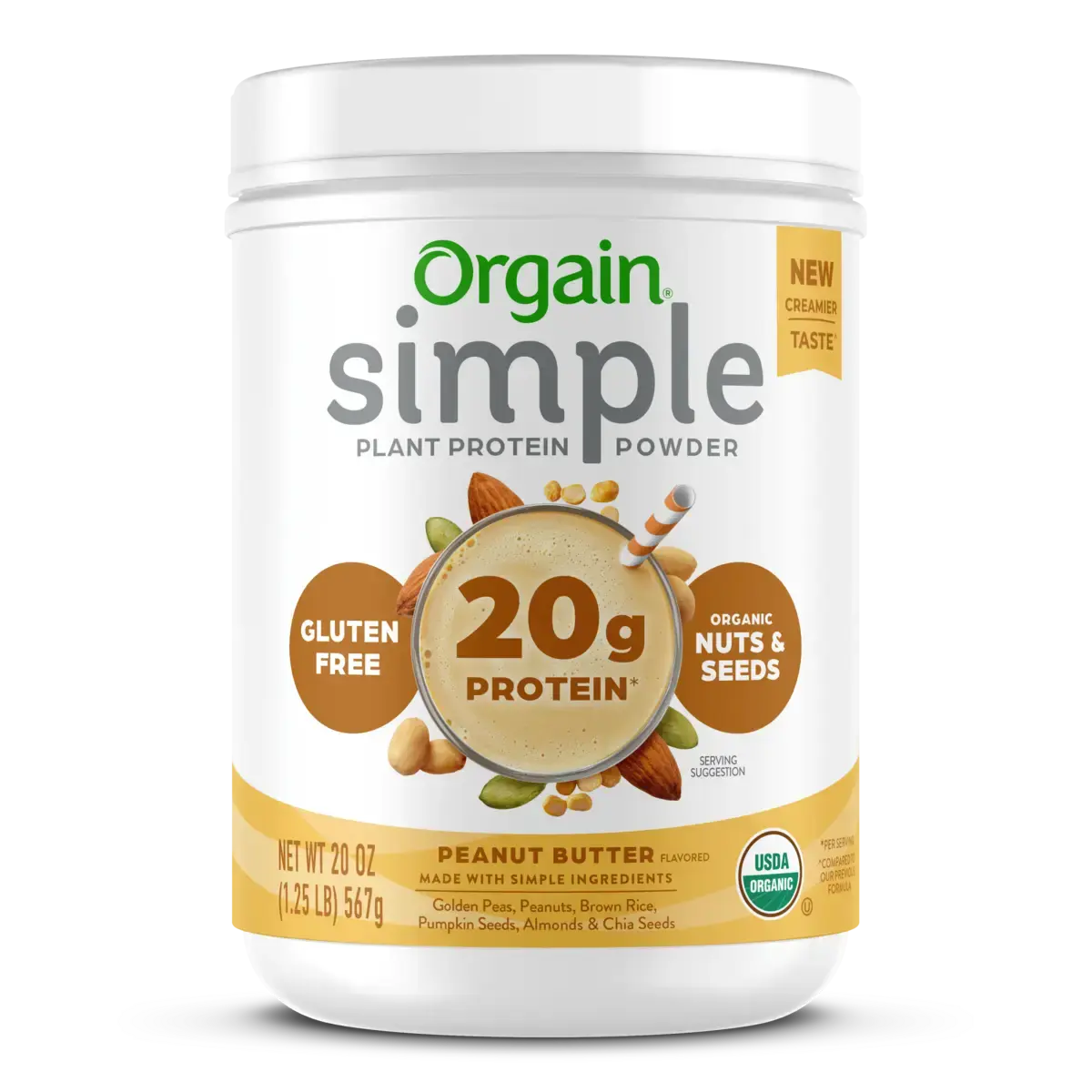 Orgain Simple Organic Plant-Based Protein Powder Peanut Butter | 20g Plant Protein | USDA Organic | Non-GMO | Certified Plant-Based | Gluten Free Protein Powder