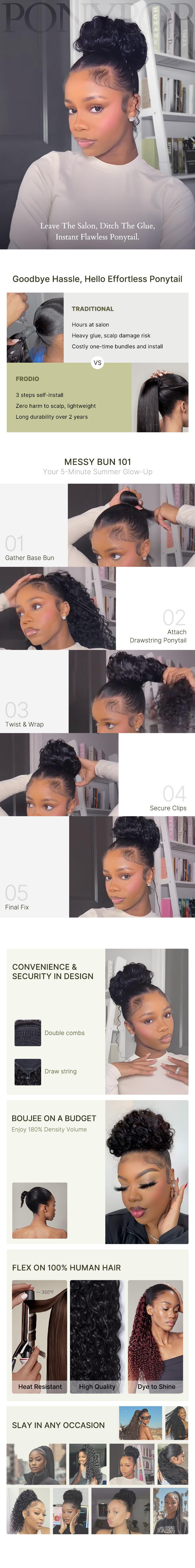 Frodio 100% Human Hair Messy Bun Hairstyle Ponytail Extension Adjustable Drawstring Ponytail TikTokShopBlackFriday