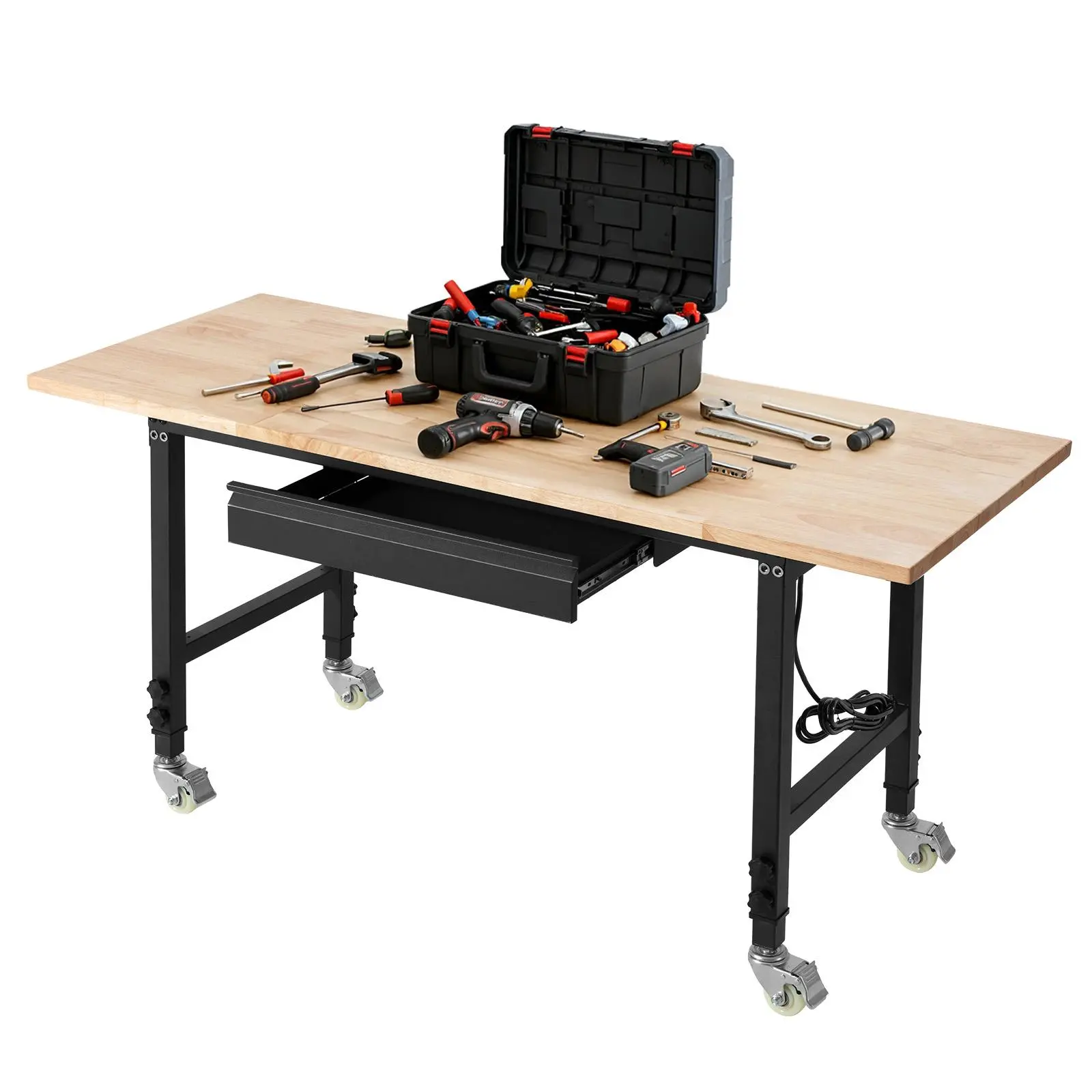 VEVOR Heavy Duty Hardwood Rectangular Workbench - 60x24in Oak Top, 2000 lbs Capacity, 2.5" Brake Wheels, 22x14.8in Drawer (with Drawers), 10ft Power Cord, 2 USB Ports, 29-41in Adjustable Height, Rolling Working Desk for Garage, Workshop, Assembly Required