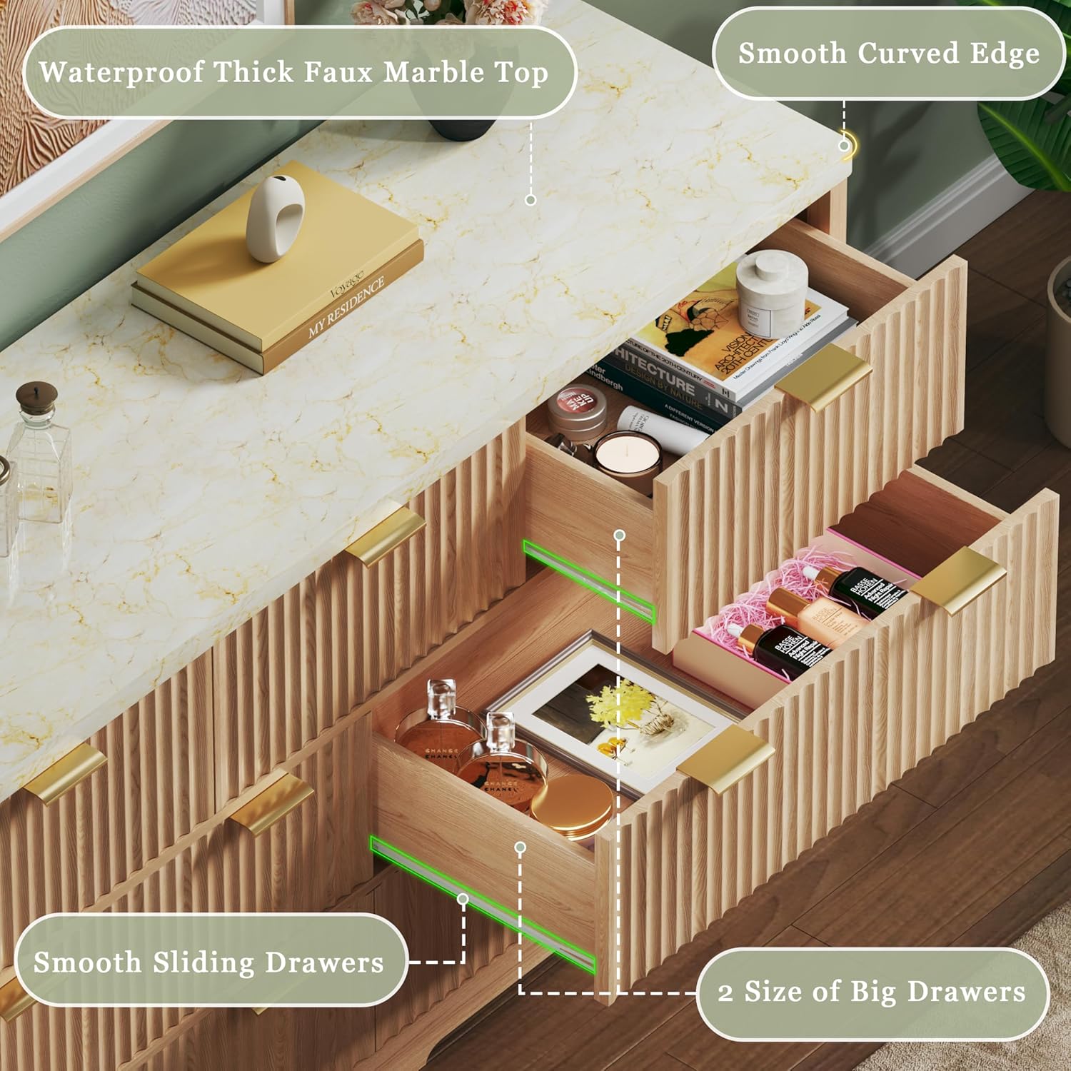 Fluted Dresser for Bedroom with 7 Drawers, 53'' Modern Dressers with Faux Marble Top, Mid Century Chests of Drawers with Gold Handle & Curved Profile, Natural Wood TV Dresser for Bedroom, Living Room Fluted Dresser for Bedroom with 7 Drawers, 53'' Modern Dressers with Faux Marble Top, Mid Century Chests of Drawers with Gold Handle & Curved Profile, Natural Wood TV Dresser for Bedroom, Living Room