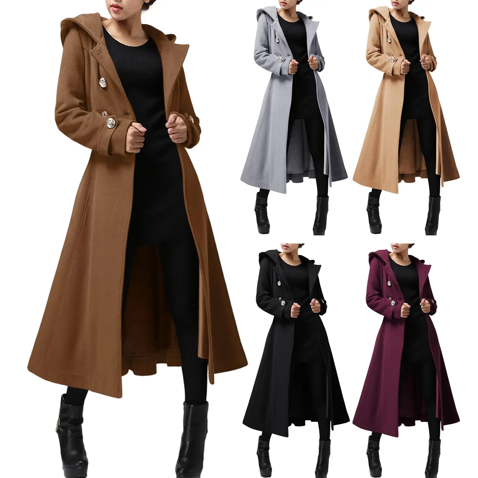 CICY BELL Women's Long Double-Breasted Hooded Wool Trench Coat, Winter Warm Windproof Fitted Minimalist Jacket with Belt