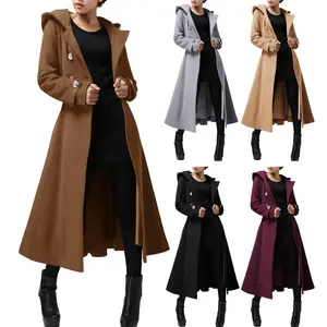 CICY BELL Women's Long Double-Breasted Hooded Wool Trench Coat, Winter Warm Windproof Fitted Minimalist Jacket with Belt