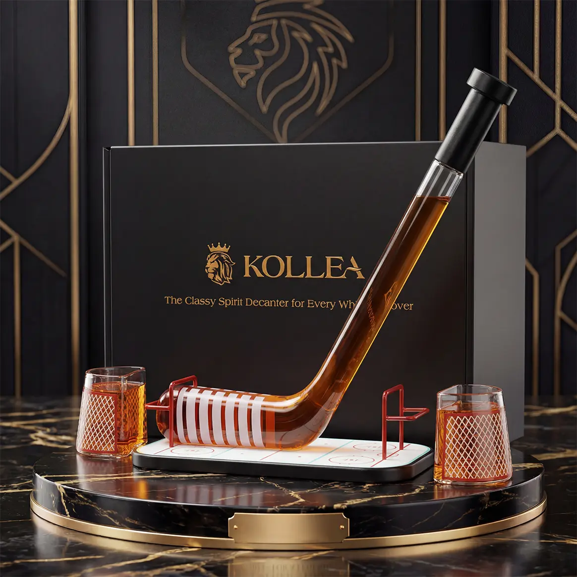 Man Cave Bar accessories, Ice Hockey Whiskey Decanter Set with 2 Goal Glasses - Hockey Stick-Shaped Bottle & Rink Base - Luxury Lead-Free Glass - Perfect for Parties & Anniversary Birthday Gifts for Men Husband Coach homedecor,home essentials