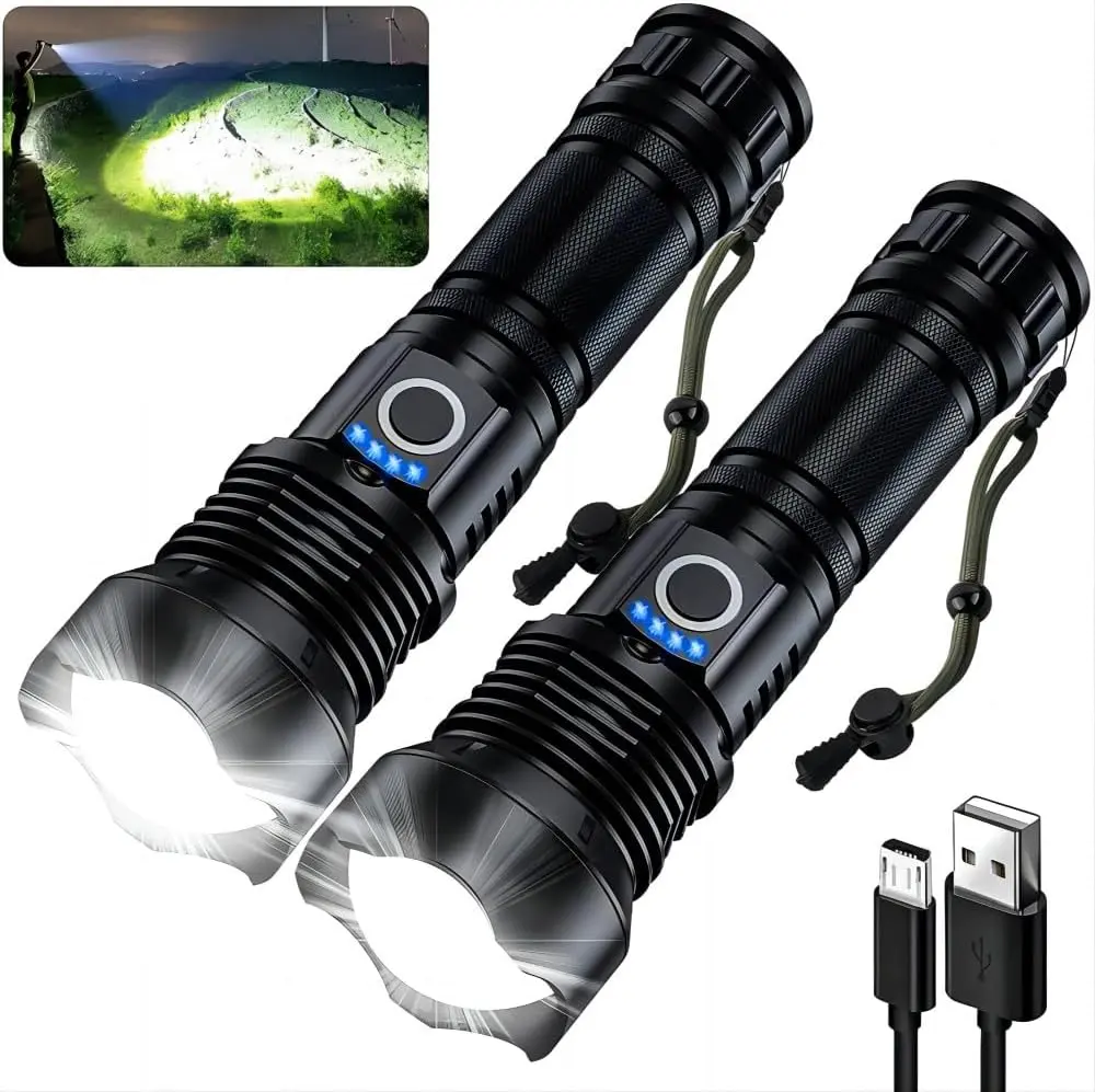 2-Pack Rechargeable High-Brightness XHP50.2 LED Flashlight Set, 1000000 Luminous Lumens, Water-Resistant, 5 Modes (Including SOS Strobe), USB Port Charging, Camping & Kitchen Nightlight Friend, Specialty Kitchen Gadget Accessory