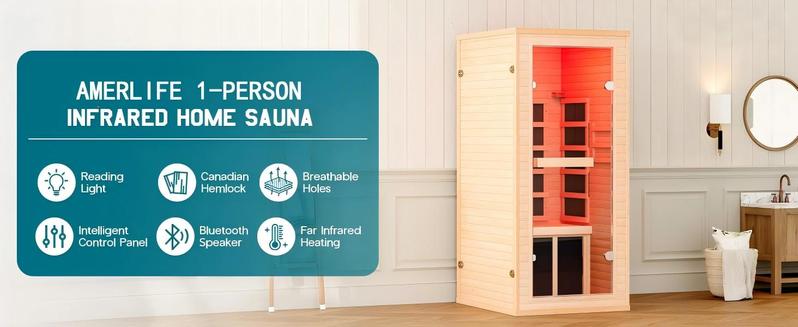 AMERLIFE Infrared Sauna for 1/2/4 Person, Low EMF 930W/110V&1463W/110V&2145W/110V Hemlock Wood Sauna with Tourmaline Foot Warmer, 7-Color Light Therapy, Salt Crystal Bricks, Easy Assembly