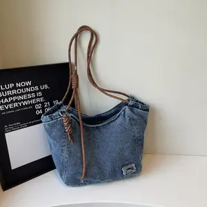 Women's Washed Denim Tote Bag, Large Capacity Plain Solid Color, High-Quality Casual Versatile for Commuting and Daily Shopping