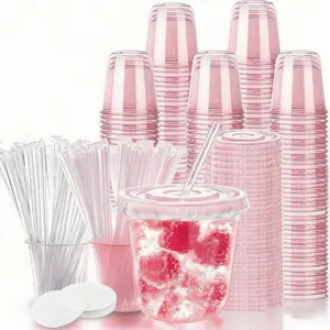 50 Set 16oz Plastic Cups with Lids and Straws, Disposable Black Clear Iced Coffee Cup with Lid, Round Bottom Plastic To Go Cups for Cold Drinks Slushie Smoothie Lemonade Party Coffee Shop Supplies