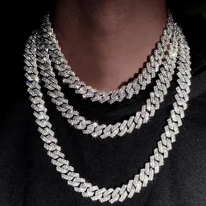 14MM Prong Cuban Link Chain Rhinestone Hip Hop Cuban Necklace Jewelry
