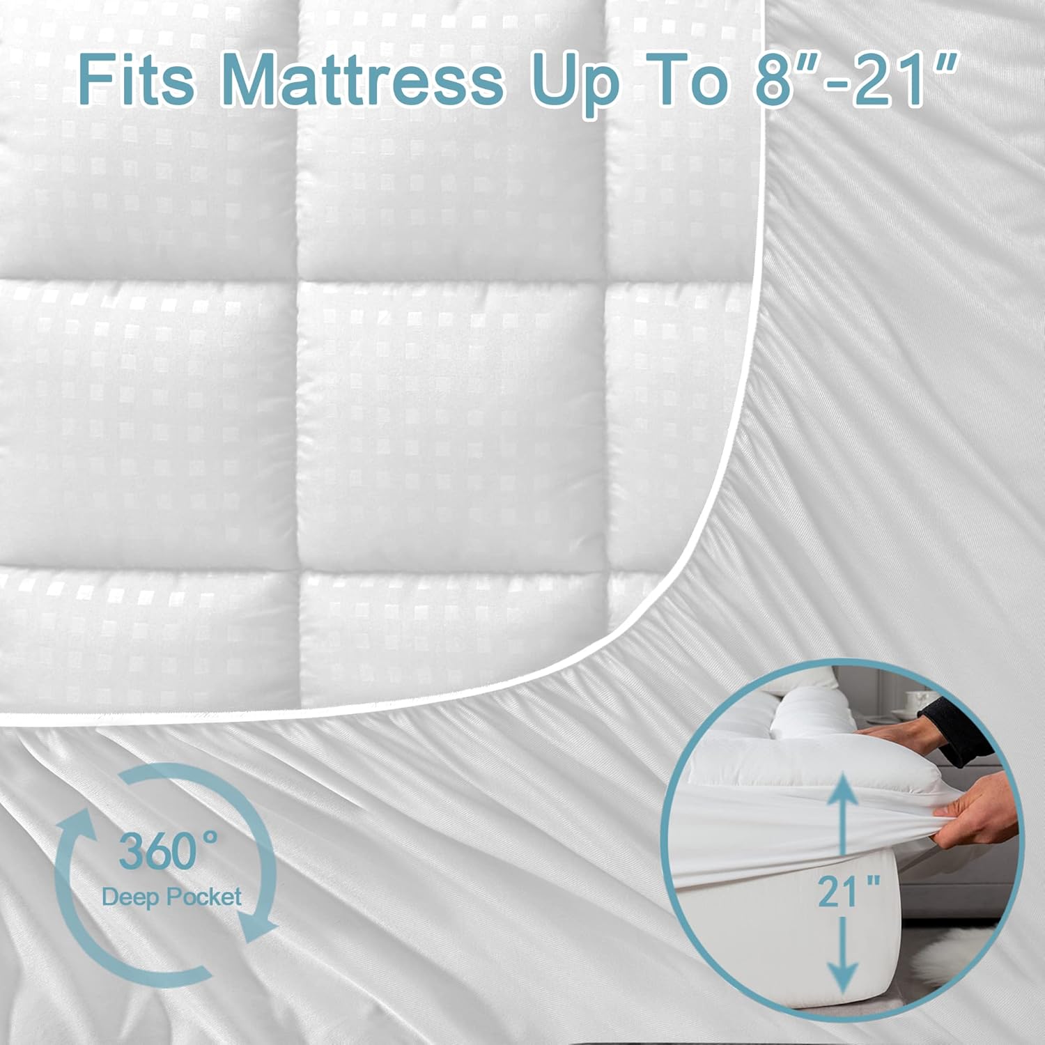 WeCharmer Mattress Pad Protector（500GSM）– Quilted Fitted Cooling Breathable Soft & Fluffy Mattress Topper Cover with 8-21” Deep Pocket – Comfortable Bedding Mattress Protector for Cooler Sleeping