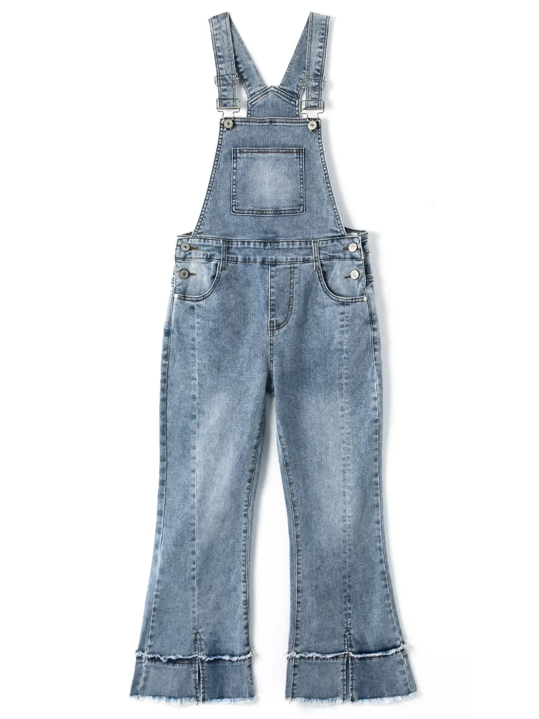 KIDSCOOL SPACE Big Girls Flare Denim Overalls Raw Hem Light Wash Bell Bottom Jean Dungarees Y2K Jumpsuit Outfits