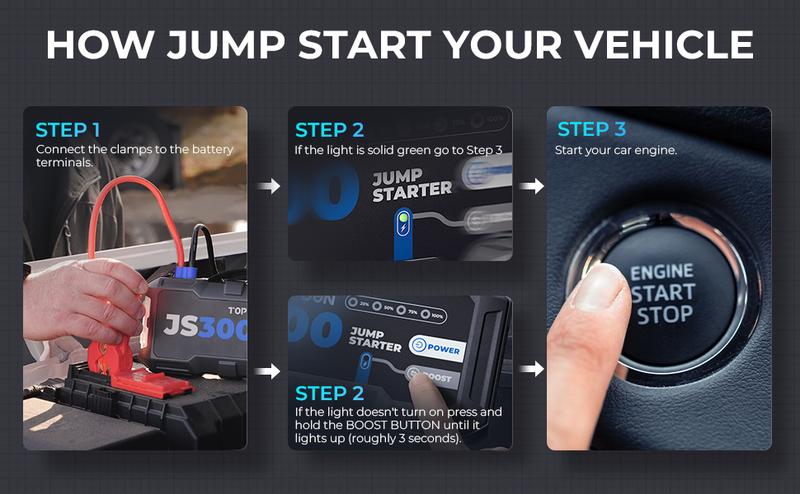 TOPDON JS3000 12V 3000A Battery Booster Automotive Jump Starter Pack for Up to 9L Gas/7L Diesel Engines Car Tool Kit Automotive Tool Kit with 24000mAh Battery Capacity Vehicle