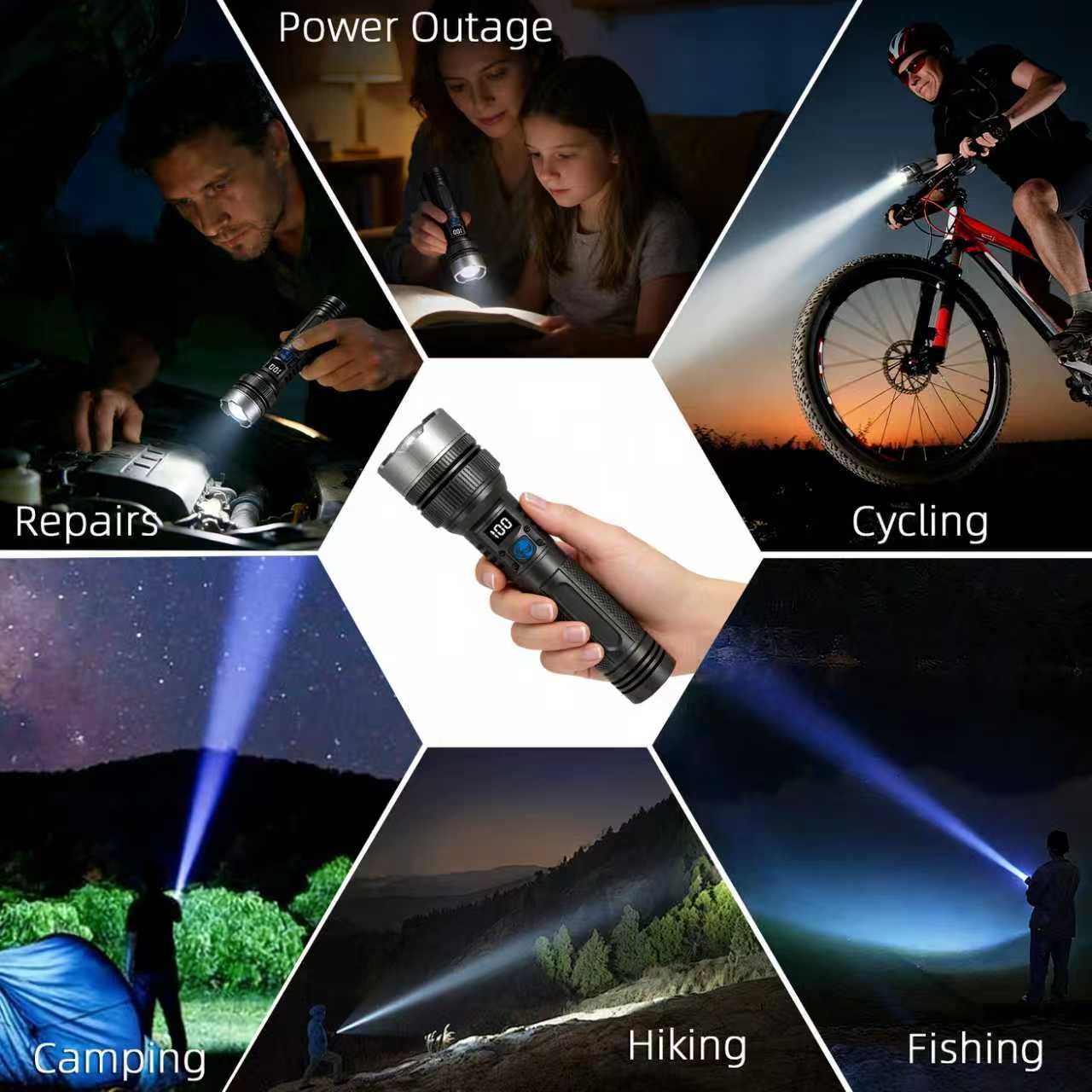 2-in-1 Strong Flashlight (Power Bank)，Digital display of power, Rechargeable，Zoomable, , X4Waterproof, Adjustable Brightness Flash Light for Outdoor, Emergency, Camping Accessories，Black TiktokShopSpringGlowUp