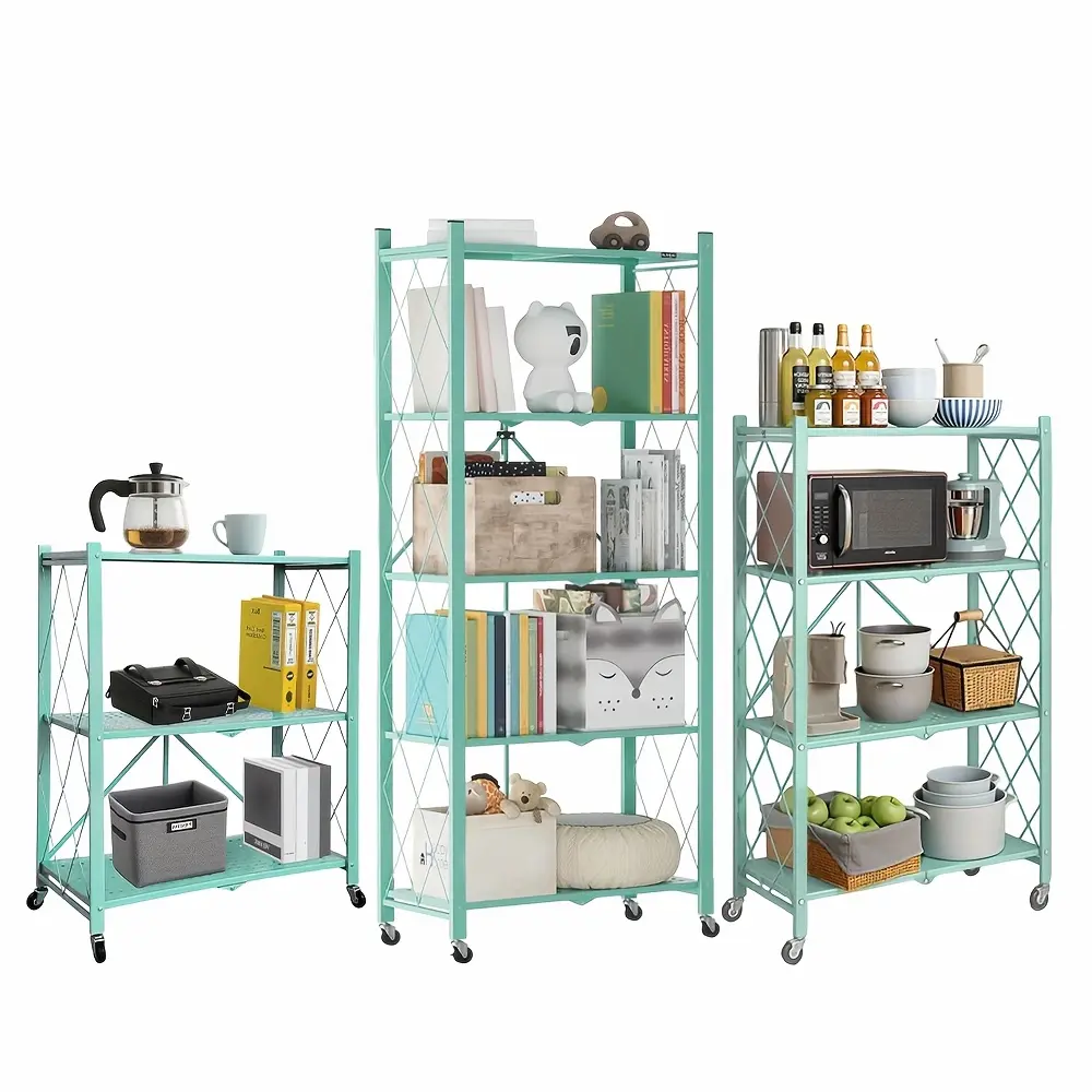 3/4/5- Tier Movable Vertical Multi-Functional Storage Racks, Portable Metal Folding Storage Racks with Locking Wheels, Large - Capacity Kitchenware Storage Racks That Require No Installation. Suitable for Families, College Dormitories