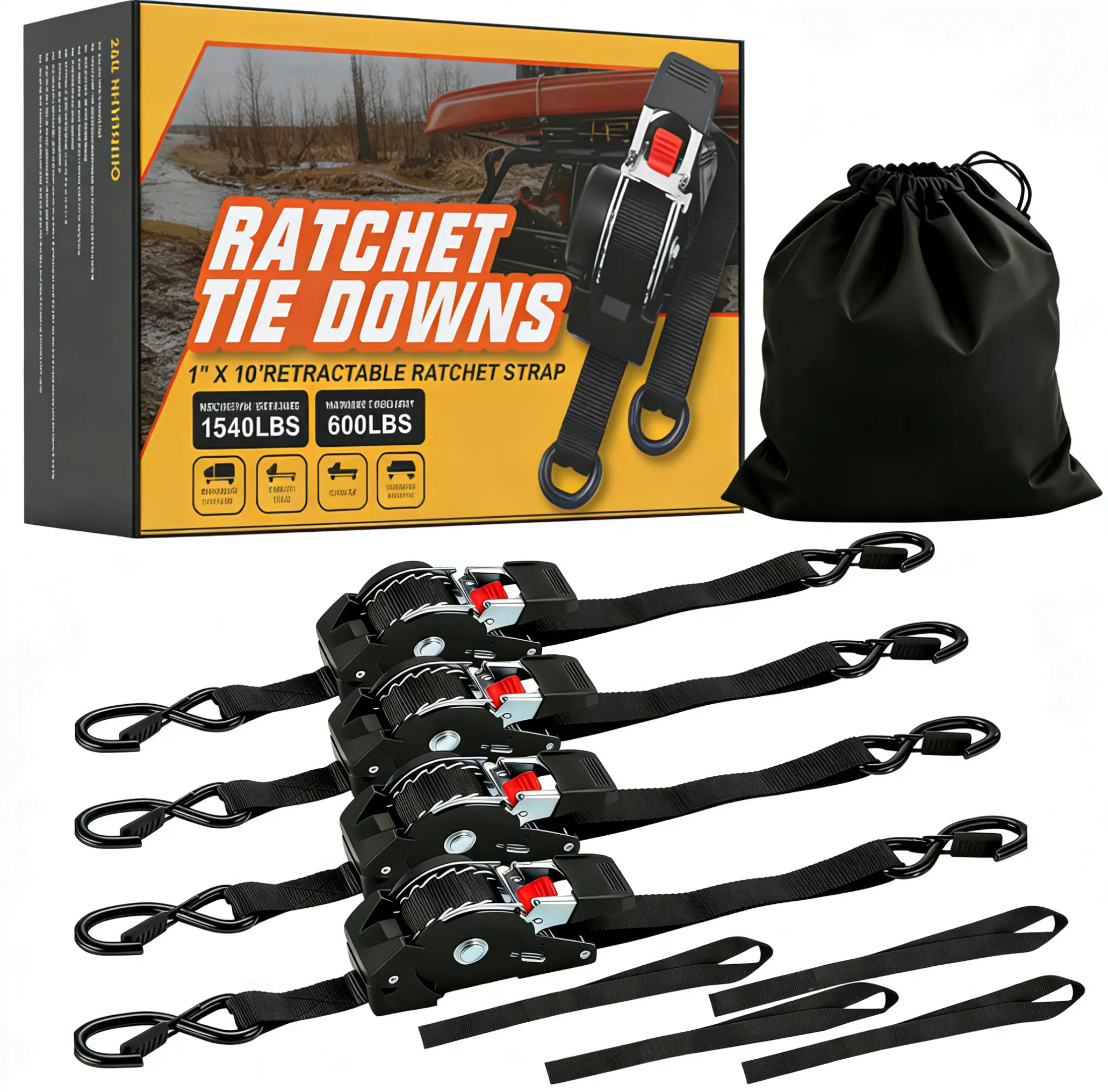 Retractable Ratchet Straps (4-Pack) - 1" x 10' (1540lb Break Strength) - Heavy Duty Auto Self Retracting Tie Down Straps for Truck, Trailer, Cargo Van, Motorcycle - Orange