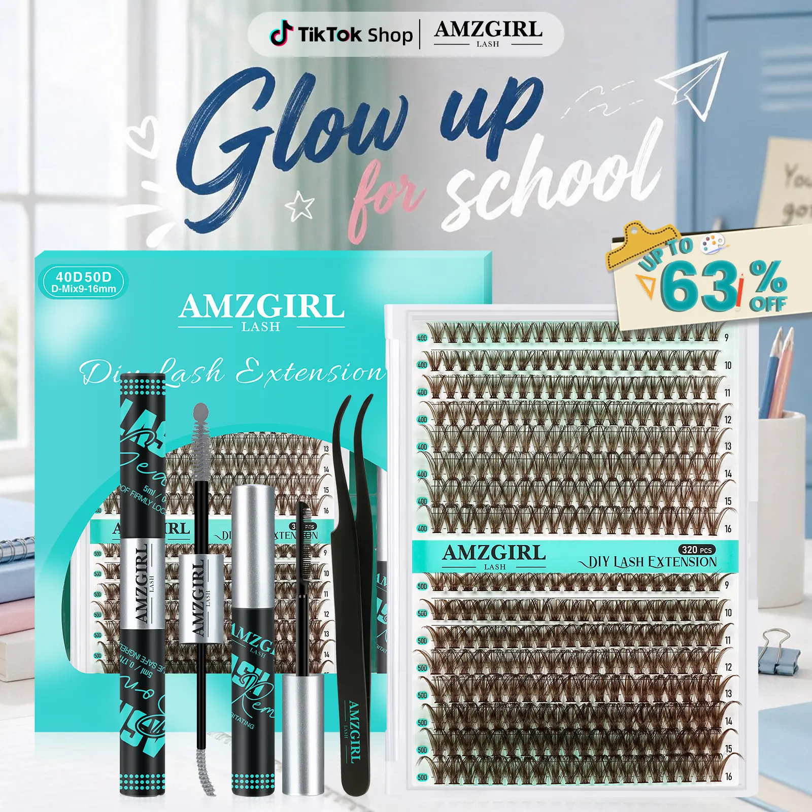 AMZGIRL Brown Lash Clusters Kit 320Pcs 40D+50D DIY Individual Lashes Extension Kit Gray Lash Bond and Seal Lash Remover for Eyelashes Extensions Lash Applicator for Eyelash Cluster Kit at Home(D-Mix9-16mm)