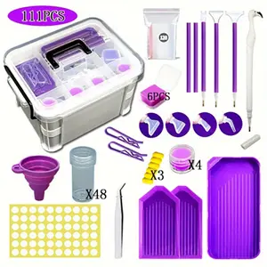 111pcs Diamond Painting Storage Box Tool Set Diamond Embroidery Accessories Kit with 48 Piece Storage Bottles, Trays, Wax, Pens, Multi-Use Tips, Funnel and Durable Storage Box - Ideal Gift for Craft Lovers Durable Plastic Material