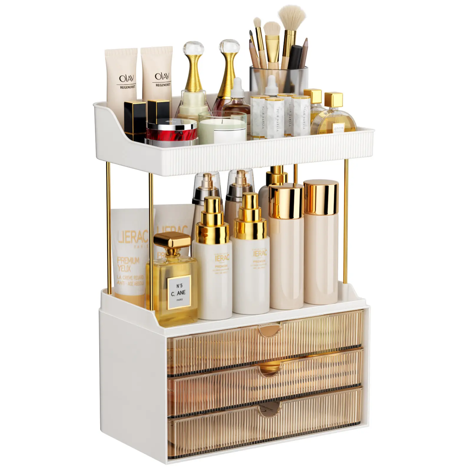 7CODE 2-Tier 3-Drawer Bathroom Storage Box with Amber Racks - Divided Compartments Organiser, Cosmetic Holder for Vanity Organization & Organizer Storage Needs, Storage Boxes & Bins, With Drawer