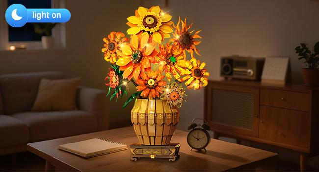 Sunflower Building Set with Lights Vase Base, Flowers Botanical Collection Building Block Home Decor, 1180PCS Art Flower Bouquet Bonsai Plant Building Kit Gift for Adults Teens Girls Boys 12+