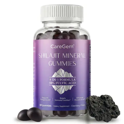 CareGem Organic Natural Shilajit Vitamin Gummy Supplement Bottle, 8-in-1 Complex with Ashwagandha+Ginseng Stress-Support Herbs, Collagen, 50% Fulvic Boost, 85+ Trace Minerals, Fitness Energy & Immune Healthcare, Cranberry Flavor, 60 Count