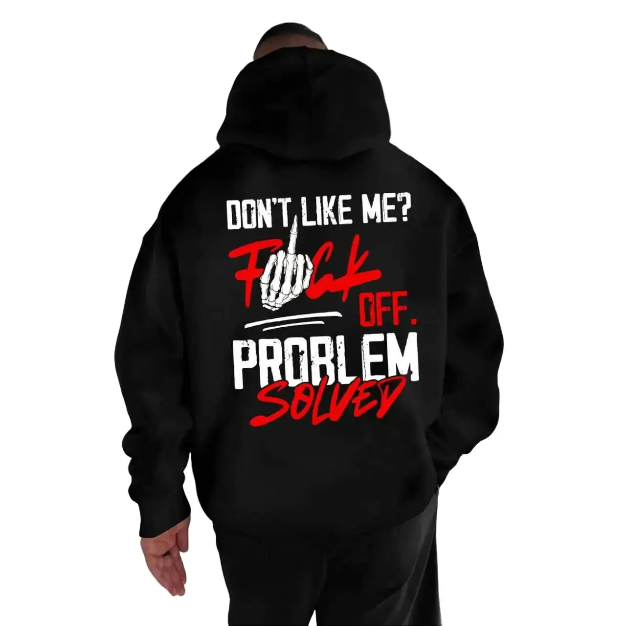 Men's Fitted Lightweight Polyester Casual Long Sleeve Pullover Hoodie - Black Sarcastic Apparel with Bold "Don't Like Me? F Off. Problem Solved" Graphic Finger Text Design, Menswear Sweatshirt Top