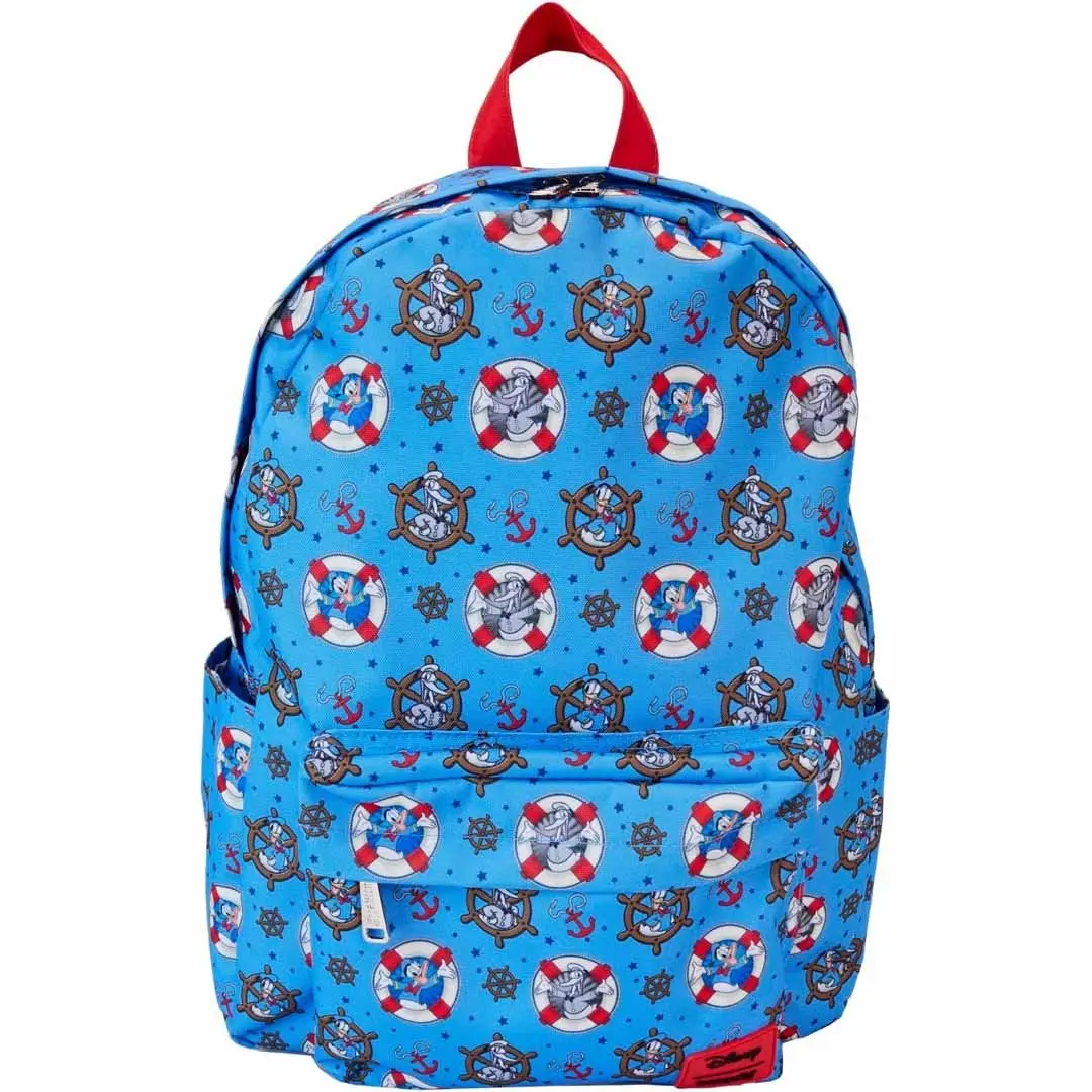 Loungefly Disney Donald Duck 90th Anniversary Nylon Casual Printed Backpack - Nautical Character Print, Front Pocket, Backpacks for School, Female, Zip, First Day Of School, Campus Life, Everyday Carry, Adults, Adjustable Strap, 11.5" W X 17.5" H X 5" D,,