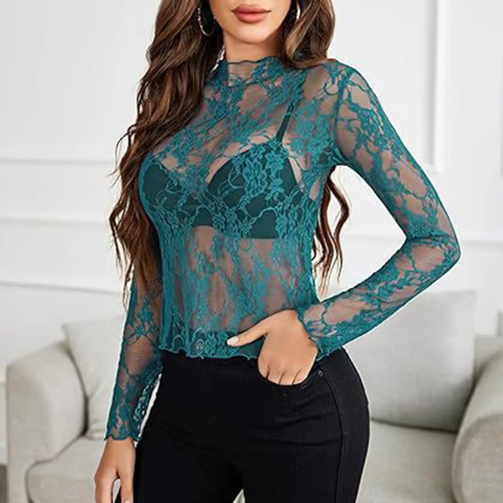 Lace See Through Shirt Outfits Sheer Lace Top For Women, Sexy Mesh Long Sleeve Floral See Lace See Through Shirt Outfits Sheer Lace Top For Women, Sexy Mesh Long Sleeve Floral See