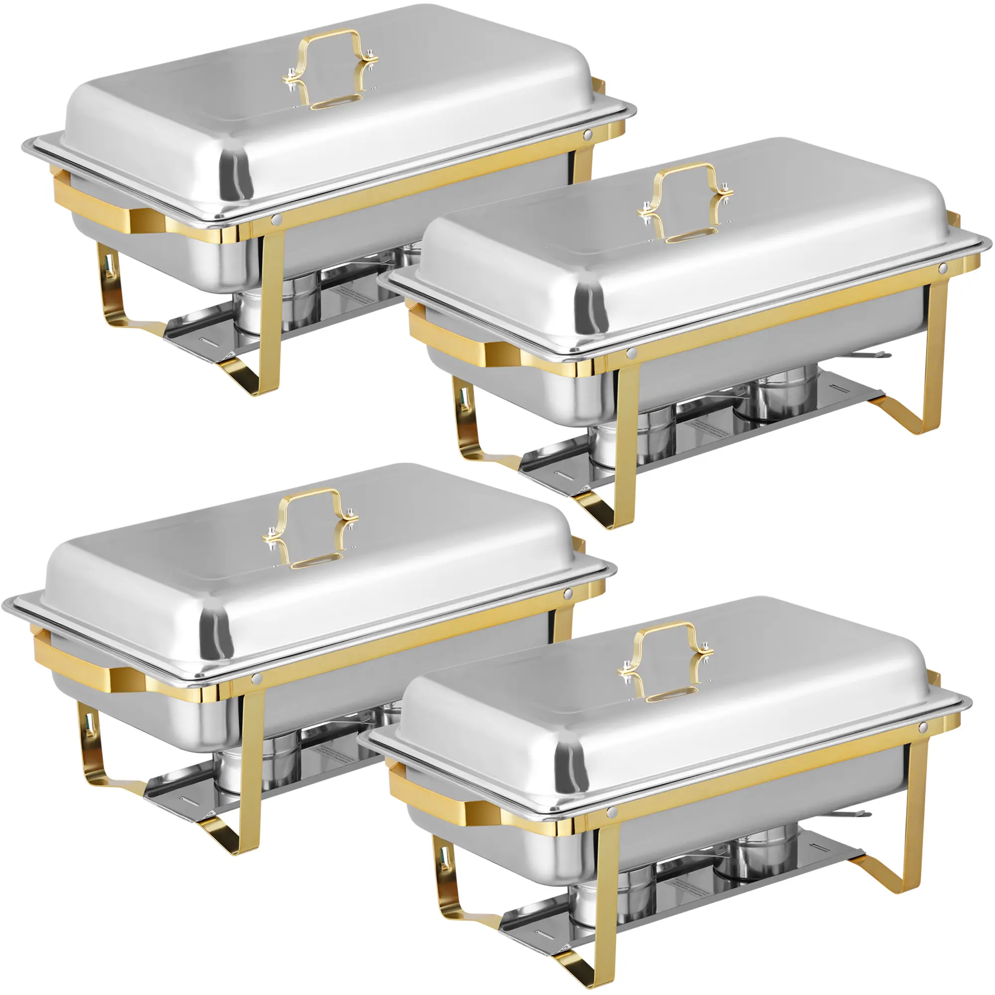 AnswerE 4-Pack 8QT Classic Rectangular Stainless Steel Full Size Chafing Pans Baking Dish Set, Food Warmer with Foldable Legs, Gold/Silver Multipurpose Bakeware Kit with Stackable Casserole Dishes for Parties