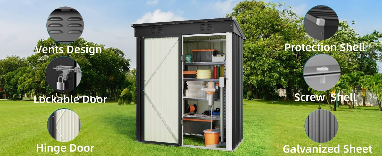Gizoon 5 'x 3' Outdoor Storage Shed with Singe Lockable Door,Galvanized Metal Shed with Air Vent Suitable for The Garden,Tiny House Storage Sheds Outdoor for Backyard Patio Lawn