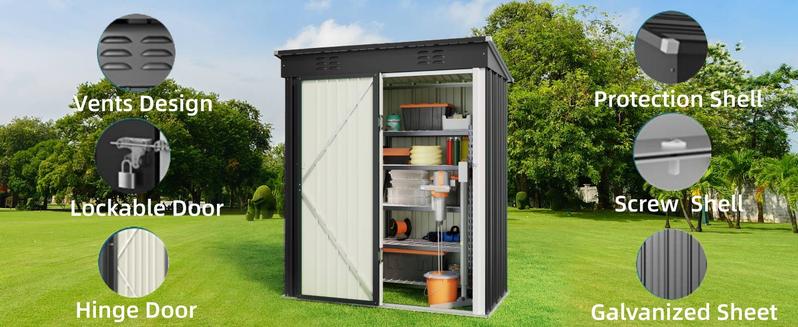 Gizoon 5 'x 3' Outdoor Storage Shed with Singe Lockable Door,Galvanized Metal Shed with Air Vent Suitable for The Garden,Tiny House Storage Sheds Outdoor for Backyard Patio Lawn
