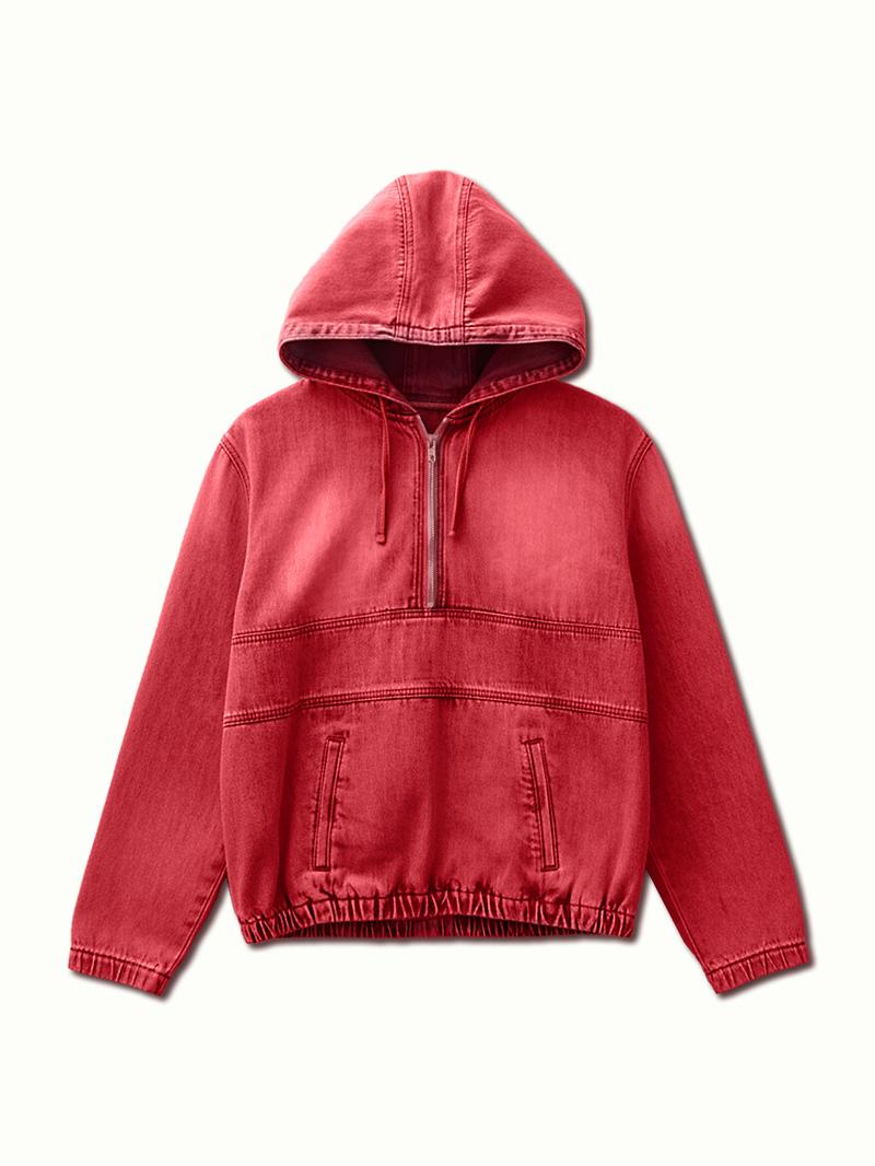 USBoutique Chic [S-5XL] Women's Half Zip Denim Hoodie Pullover Jacket Jean Tops Casual