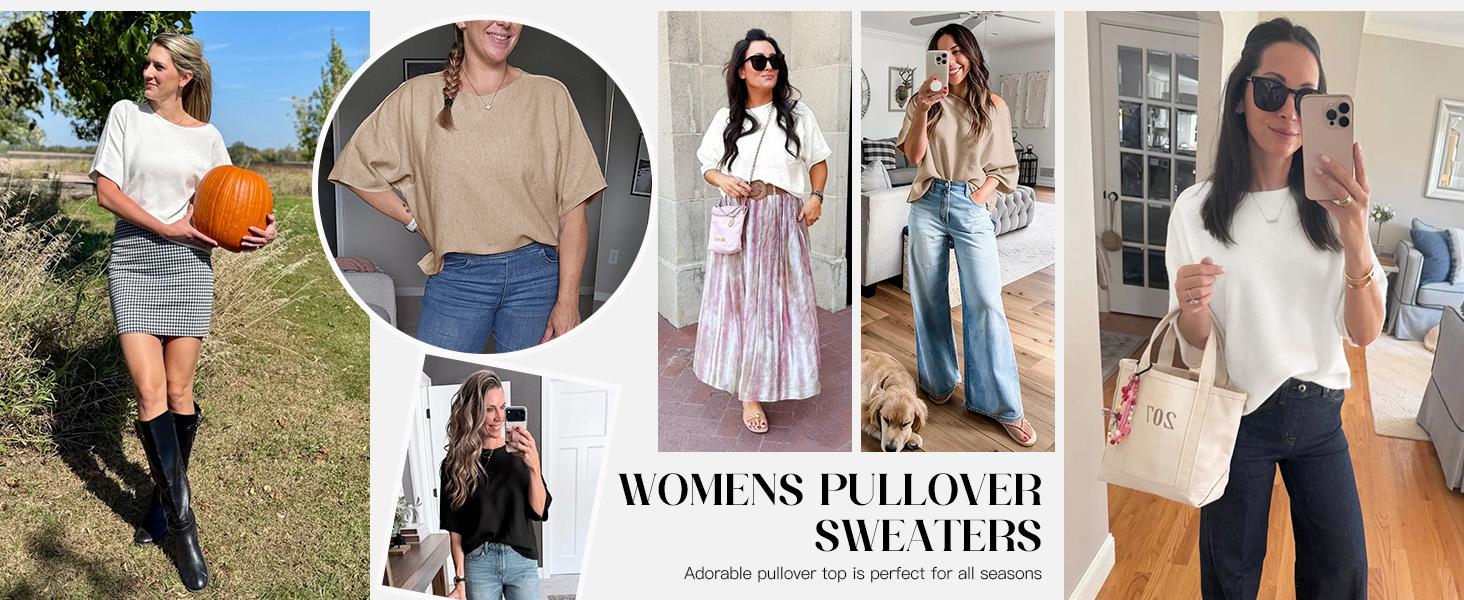 Cicy Bell Womens Half Sleeve Sweaters Oversized Boat Neck Knitted Pullover Sweater Trendy Casual Loose Fit Fall Tops